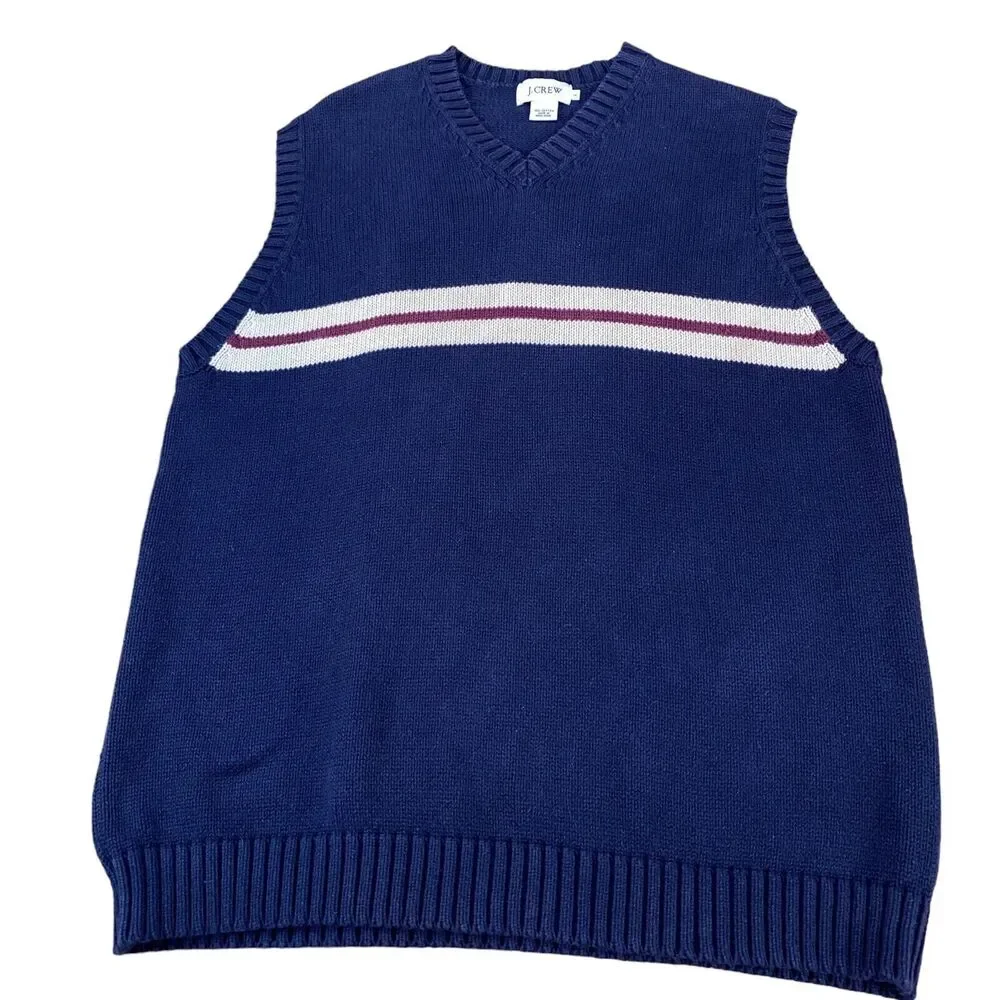 J.CREW Vest‎ Mens Large Navy Knit 100% Cotton Sleeveless V Neck Pullover